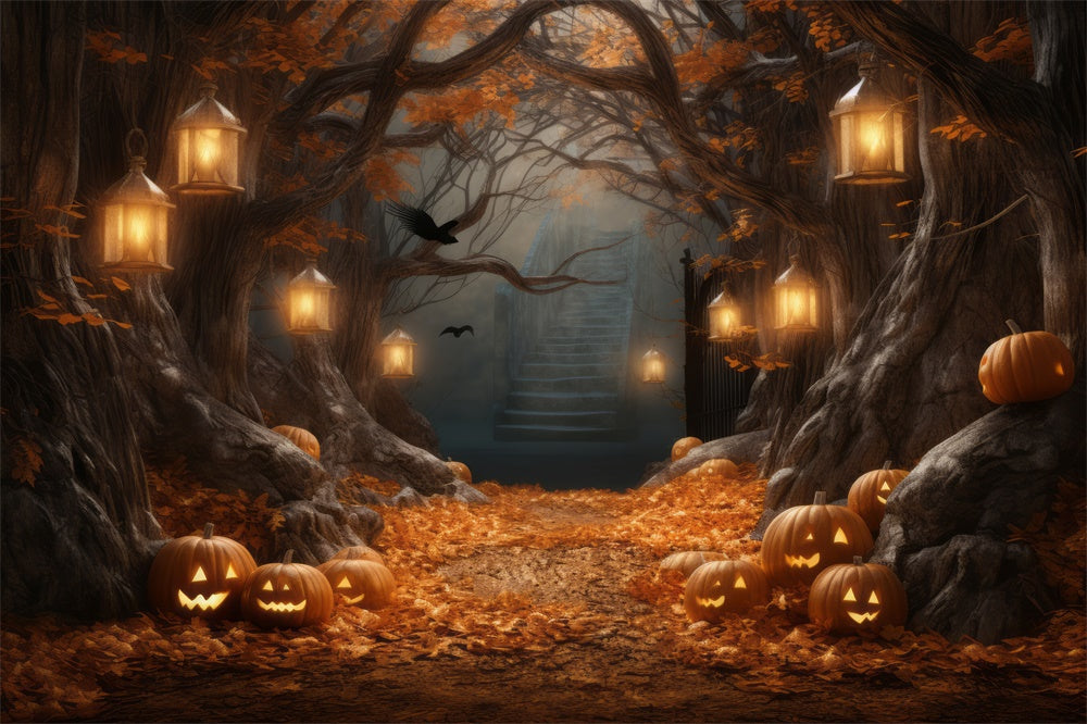 Sfondo Di Halloween Con Lanterne Di Zucca E Grande Albero RR7-386
