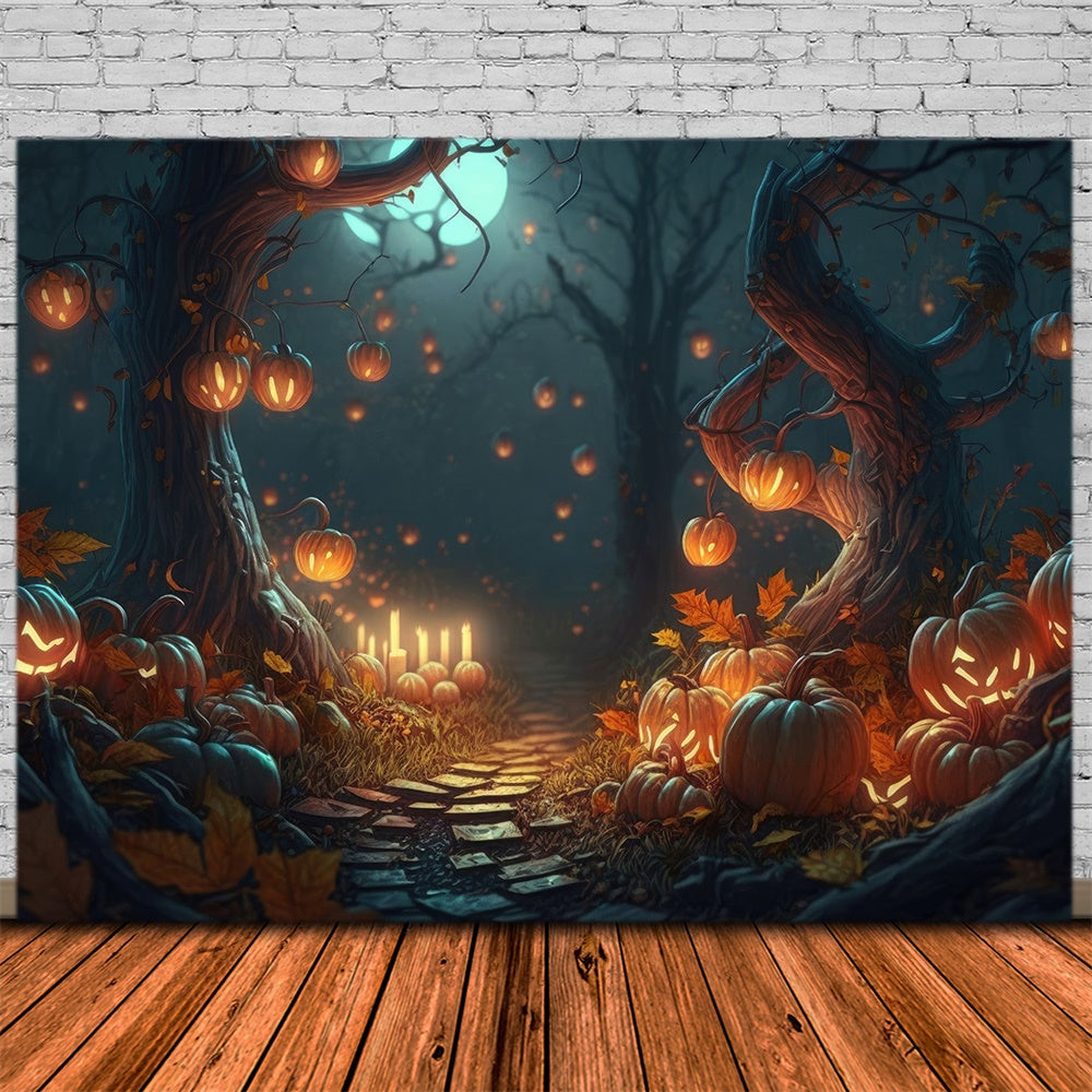 Sfondo Di Candele Con Zucche Di Notte Nella Foresta Di Halloween RR7-387