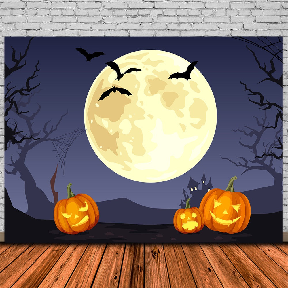 Halloween Luna Piena Pipistrelli Zucche Sfondo RR7-388