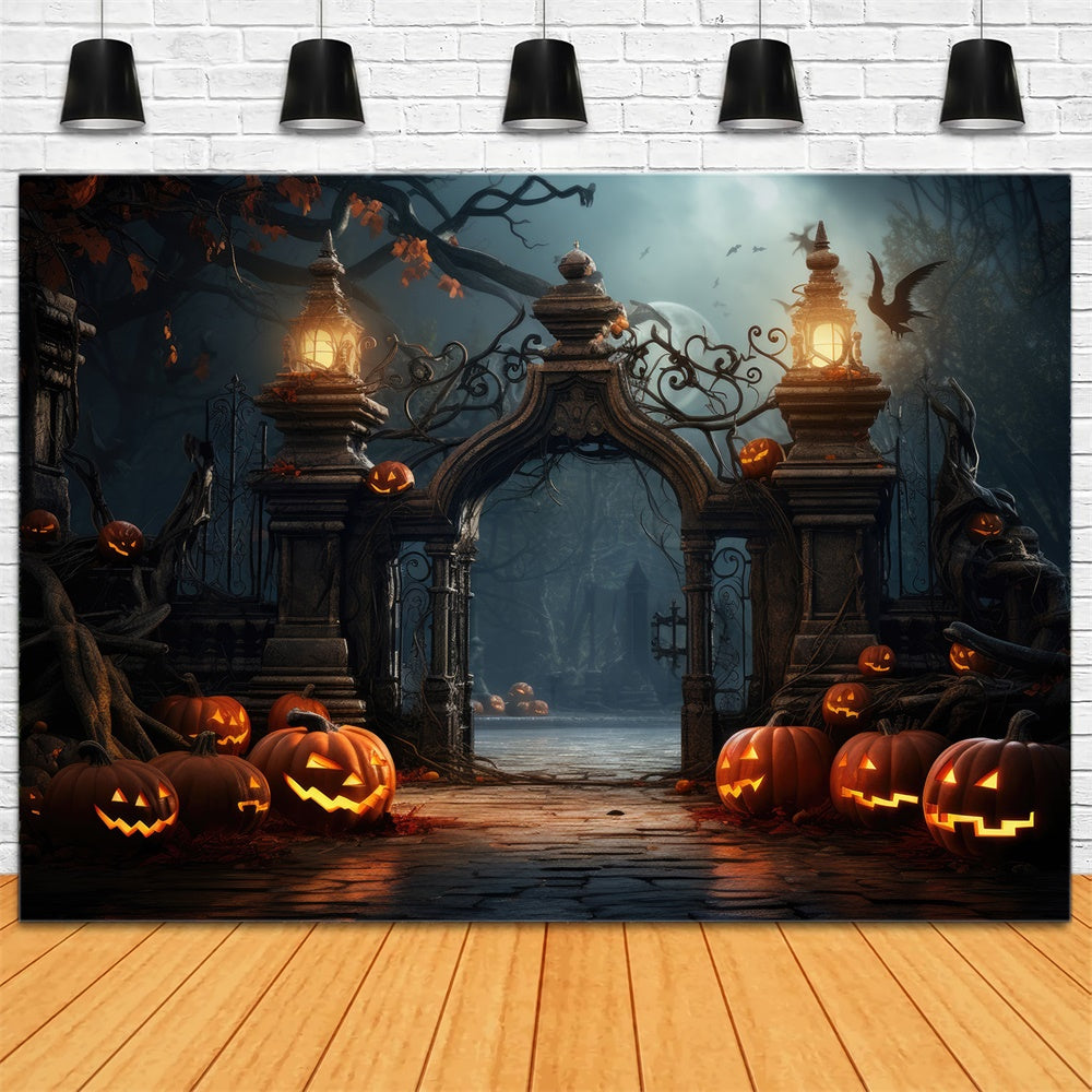 Sfondo Di Zucche Con Cancello Del Cimitero Spaventoso Di Halloween RR7-402