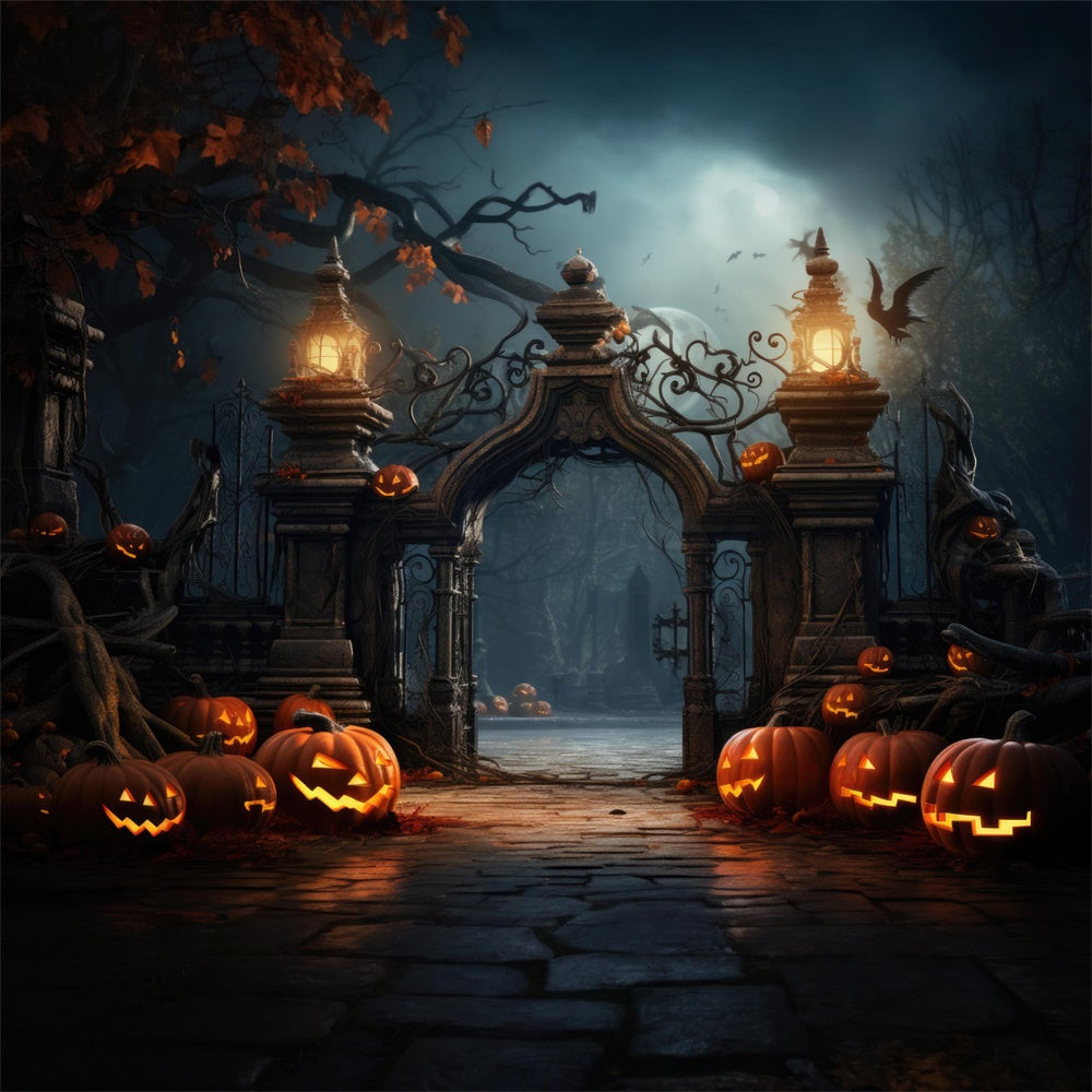 Sfondo Di Zucche Con Cancello Del Cimitero Spaventoso Di Halloween RR7-402