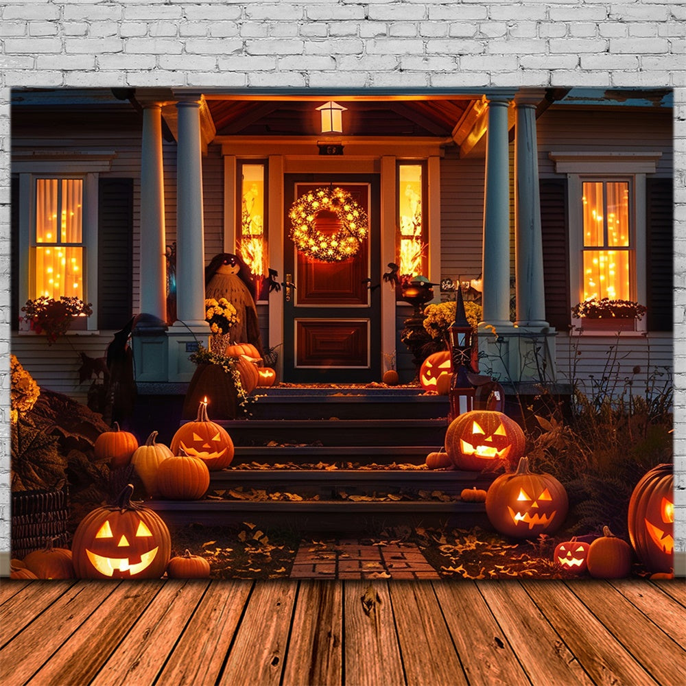 Sfondo Di Casa Con Porta Di Zucca Di Notte Di Halloween RR7-406