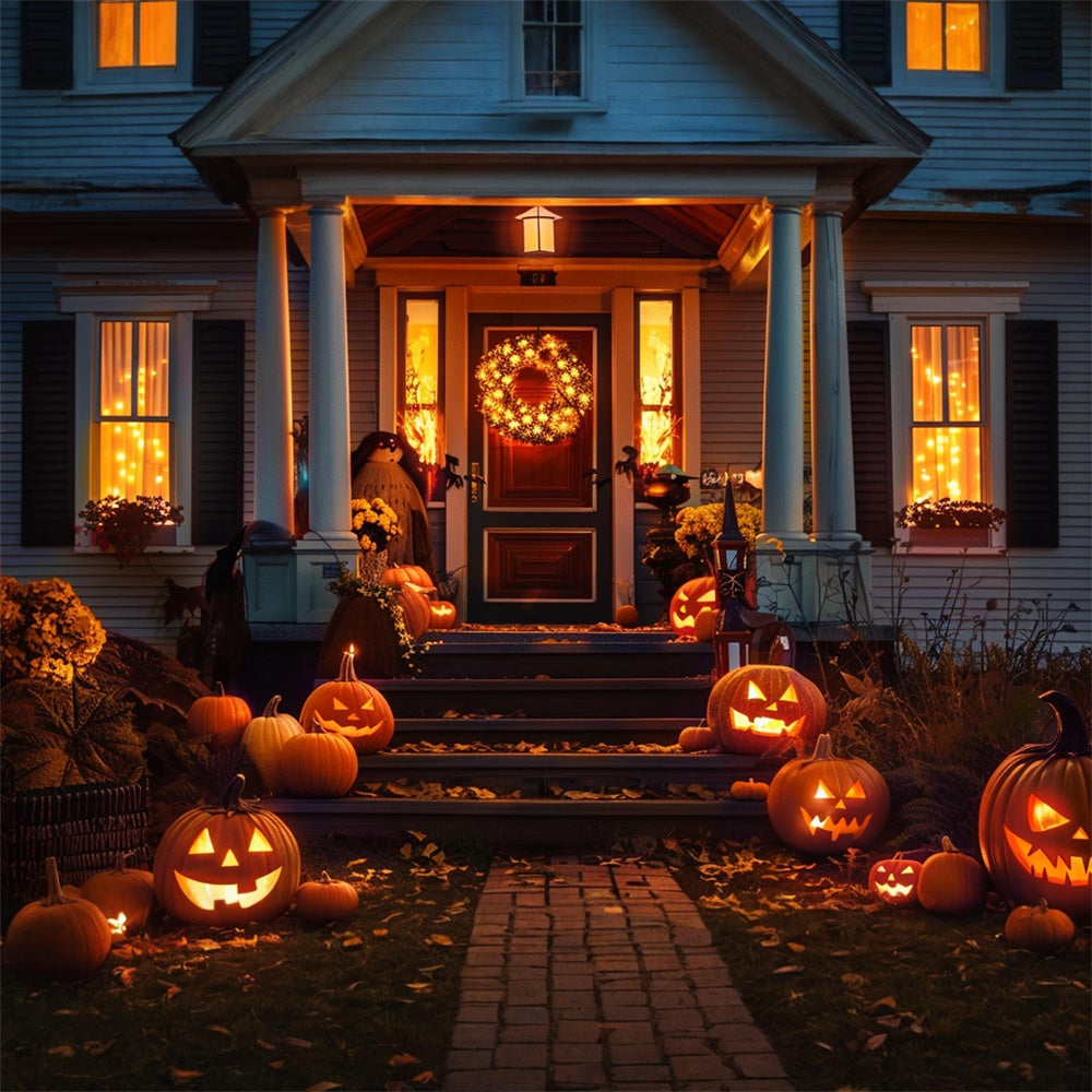 Sfondo Di Casa Con Porta Di Zucca Di Notte Di Halloween RR7-406