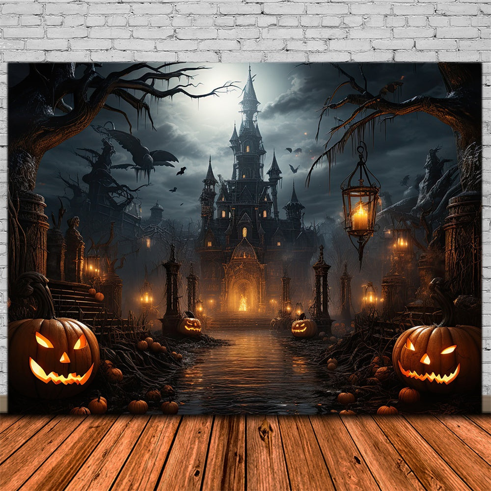 Sfondo Di Zucca Di Pipistrelli Del Castello Spaventoso Di Halloween RR7-409