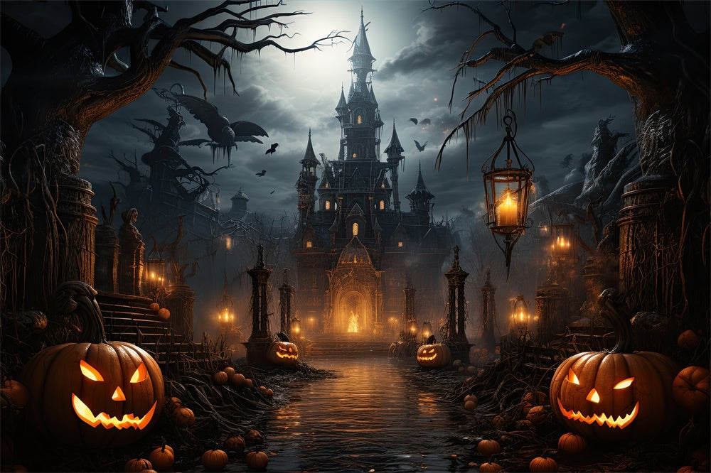 Sfondo Di Zucca Di Pipistrelli Del Castello Spaventoso Di Halloween RR7-409
