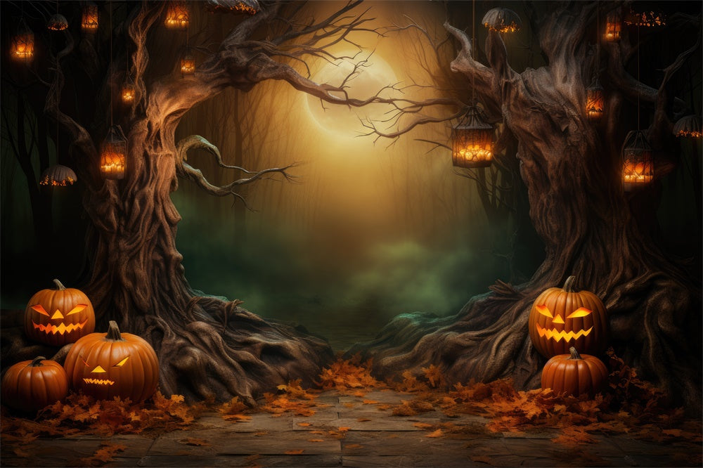 Sfondo Di Zucche Di Halloween Con Luna E Foresta Oscura RR7-419