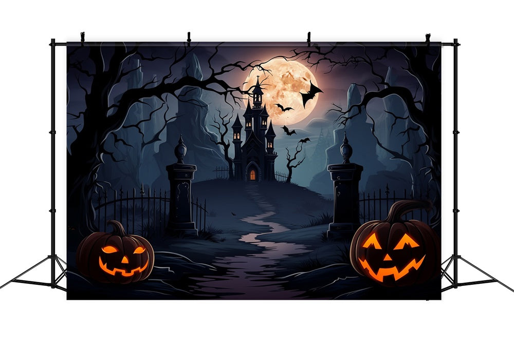 Sfondo Di Halloween Con Pipistrelli Della Luna Piena Del Castello Spettrale RR7-438