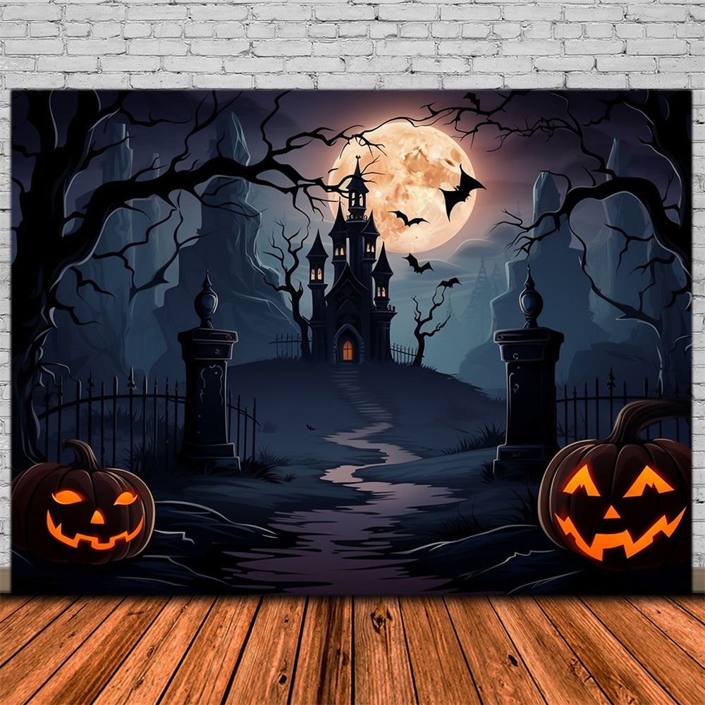 Sfondo Di Halloween Con Pipistrelli Della Luna Piena Del Castello Spettrale RR7-438