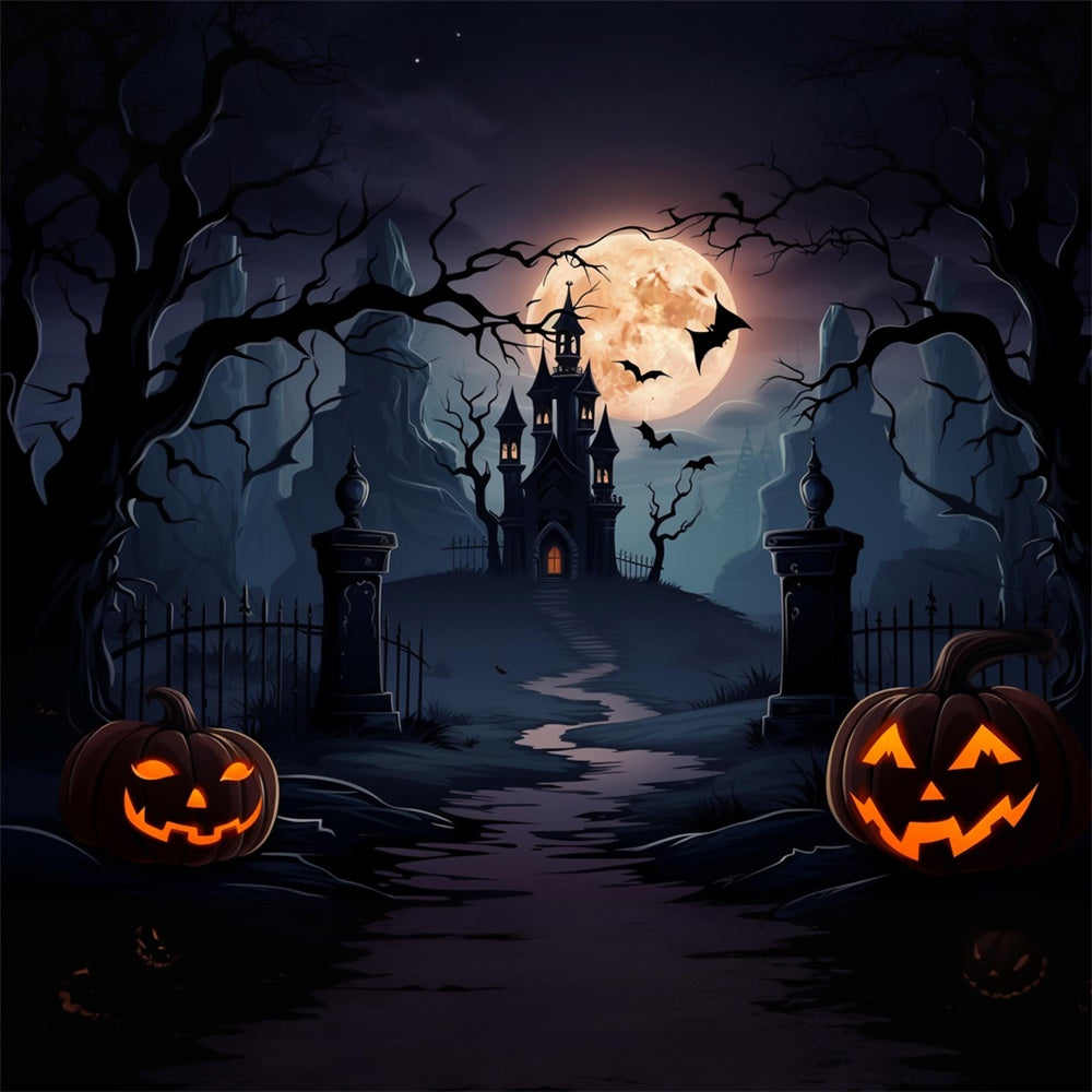 Sfondo Di Halloween Con Pipistrelli Della Luna Piena Del Castello Spettrale RR7-438