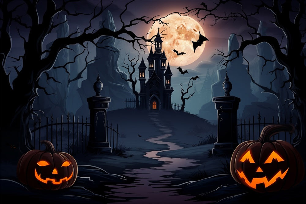 Sfondo Di Halloween Con Pipistrelli Della Luna Piena Del Castello Spettrale RR7-438