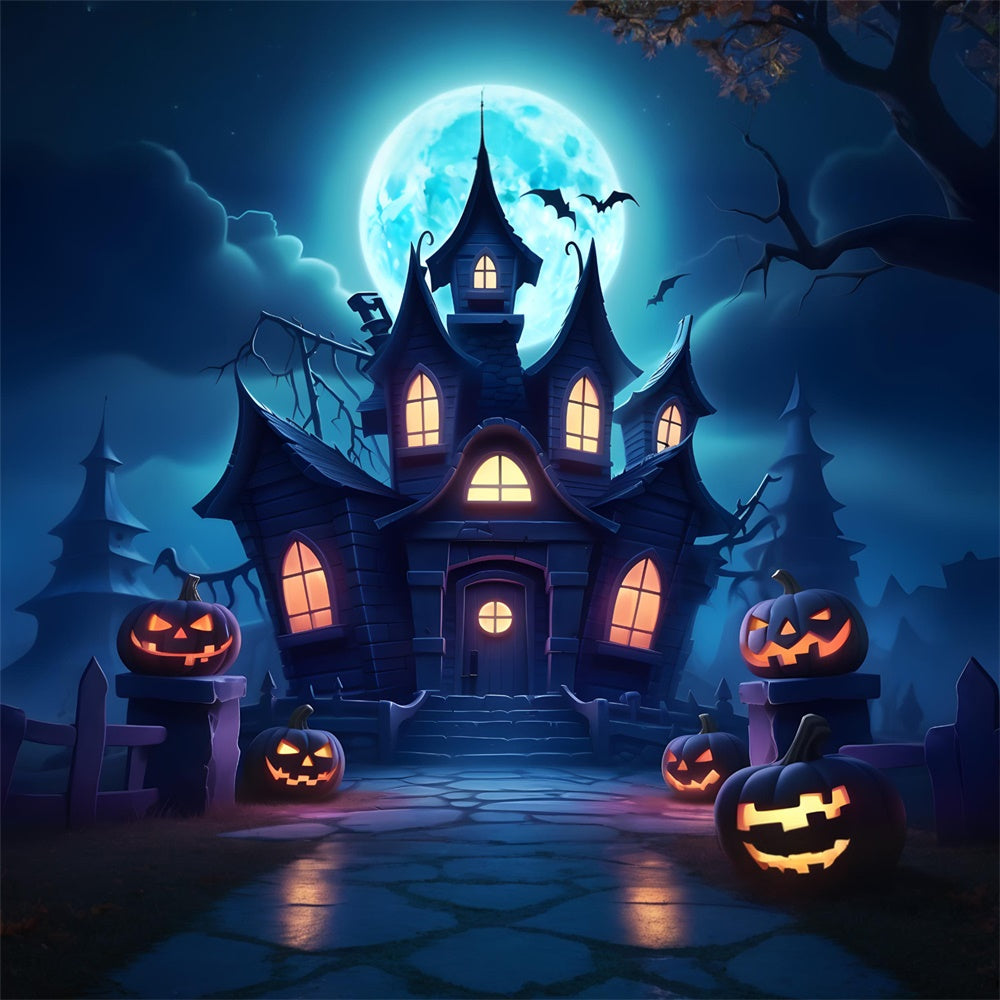 Sfondo Della Luna Della Casa Stregata Della Notte Di Halloween RR7-440