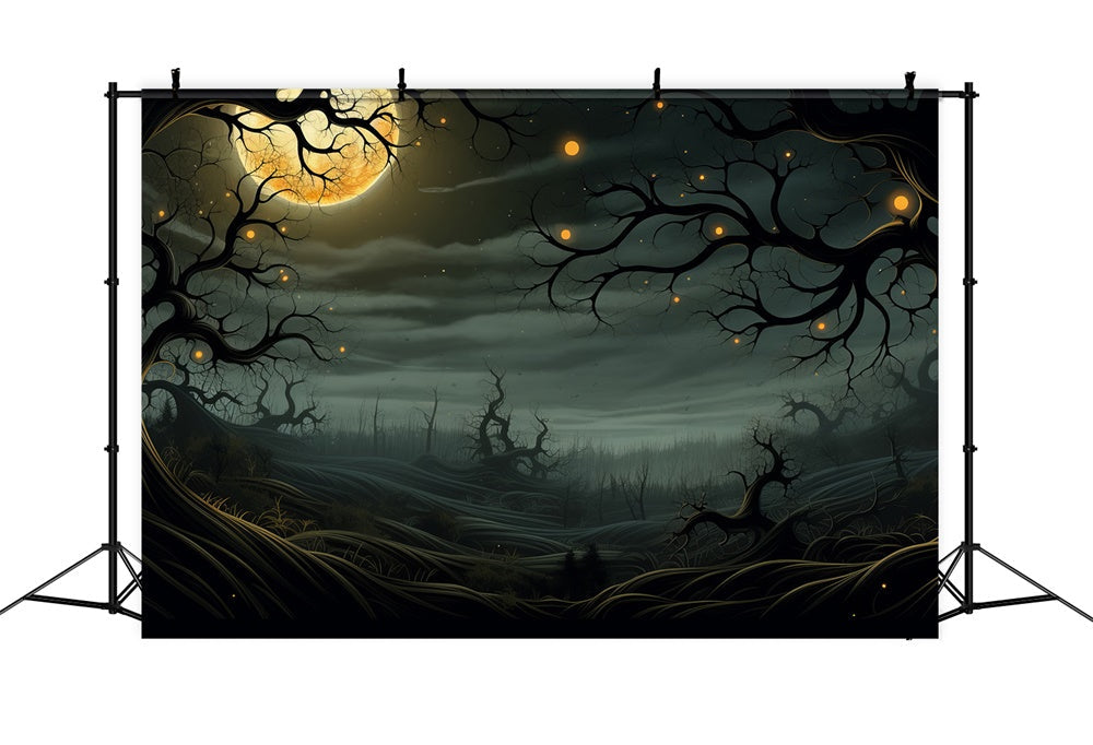 Sfondo Di Alberi Luminosi Del Cimitero Al Chiaro Di Luna Di Halloween RR7-448