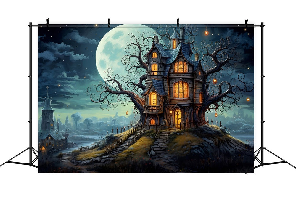 Sfondo Del Cimitero Della Casa Della Luna Piena Di Halloween RR7-449