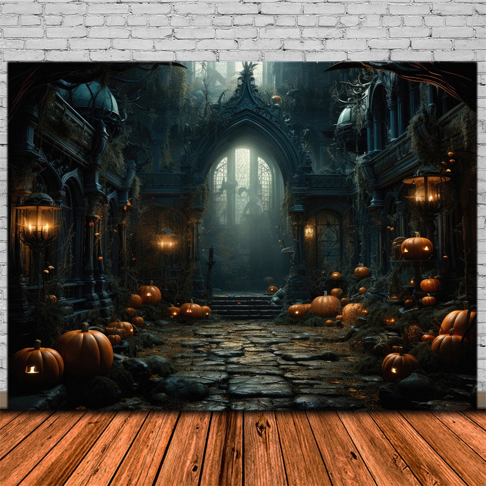 Sfondo Di Halloween Con Lanterne Di Zucca Del Vecchio Castello RR7-451