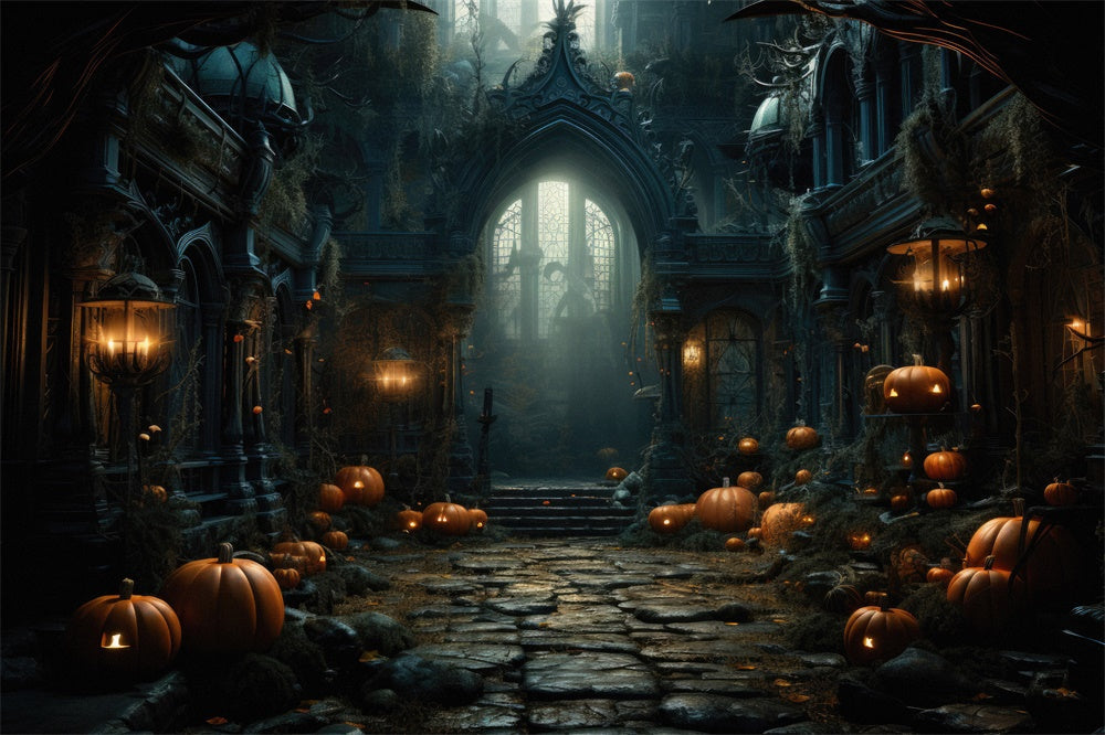 Sfondo Di Halloween Con Lanterne Di Zucca Del Vecchio Castello RR7-451
