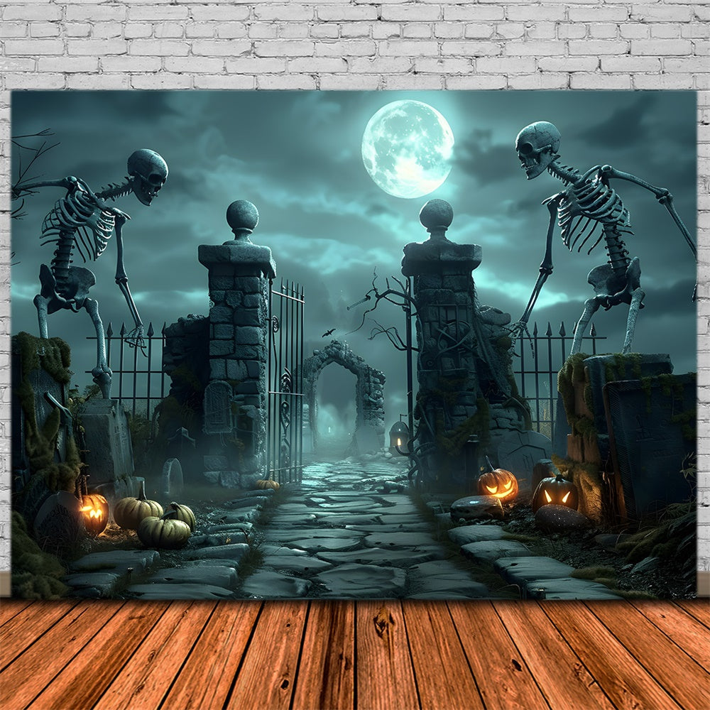 Sfondo Del Cancello Del Cimitero Dello Scheletro Spaventoso Di Halloween RR7-457