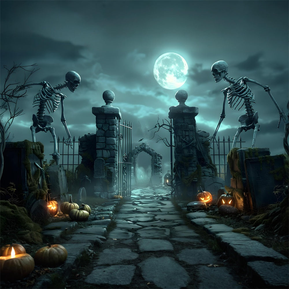 Sfondo Del Cancello Del Cimitero Dello Scheletro Spaventoso Di Halloween RR7-457
