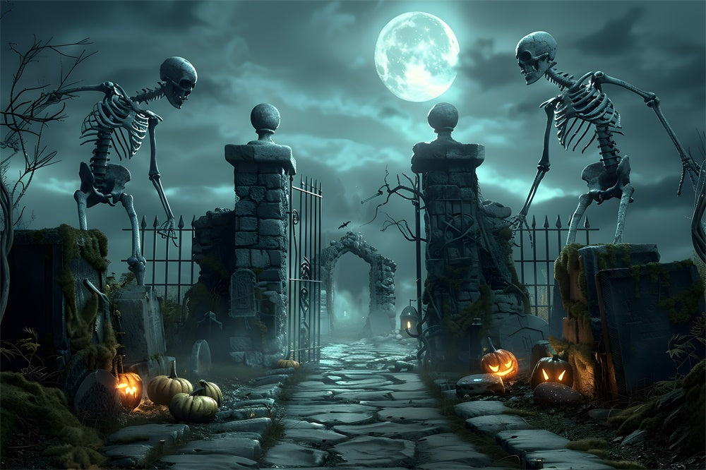 Sfondo Del Cancello Del Cimitero Dello Scheletro Spaventoso Di Halloween RR7-457