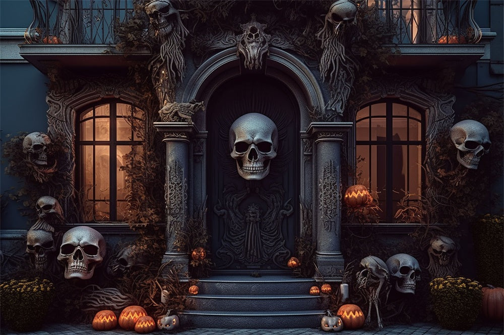 Sfondo Di Halloween Con Teschio E Porta Di Casa Spettrale RR7-462