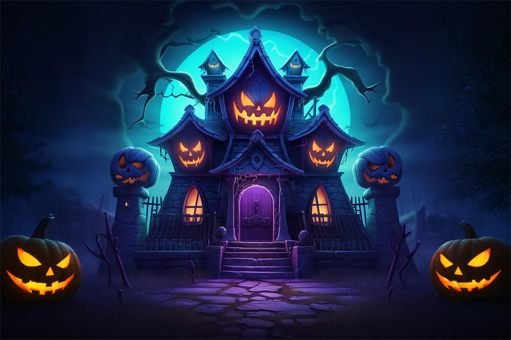 Sfondo Fotografico Di Halloween Con La Casa Delle Zucche Malvagie RR7-470