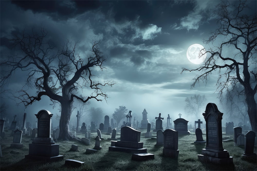 Sfondo Di Luna Piena Del Cimitero Spettrale Di Halloween RR7-472