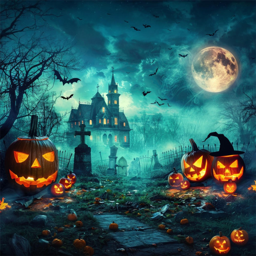 Sfondo Della Luna Di Halloween Del Cimitero Della Casa Fantasma RR7-477