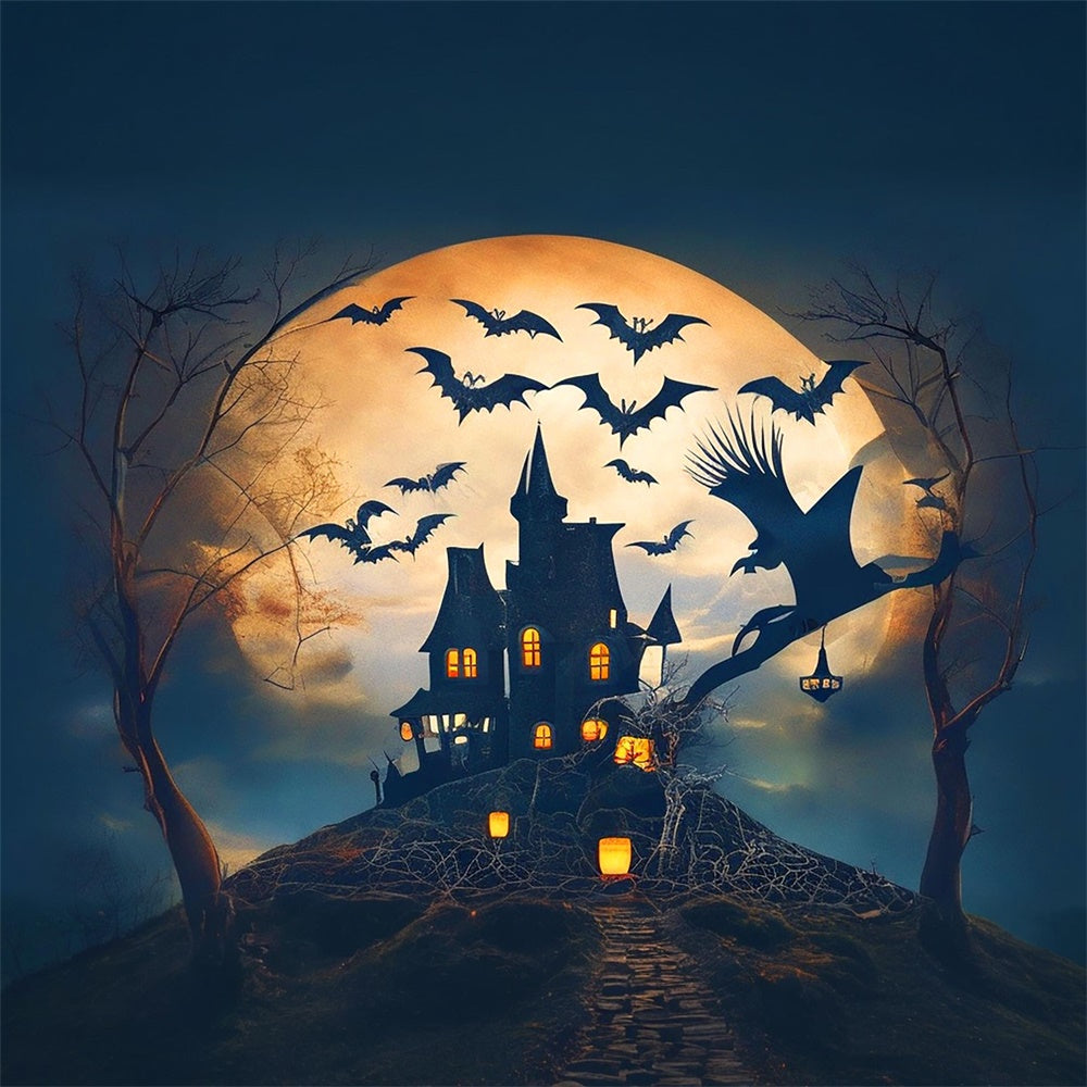 Halloween Luna Piena Castello Pipistrelli Strega Sfondo RR7-479