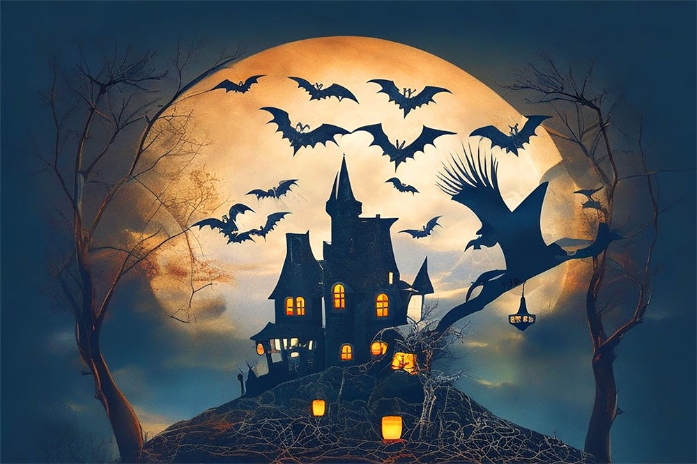 Halloween Luna Piena Castello Pipistrelli Strega Sfondo RR7-479