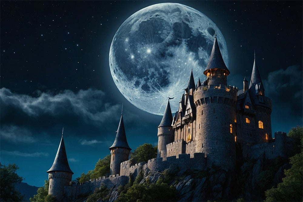 Sfondo Fotografico Con Luna Piena Del Castello Di Halloween RR7-481