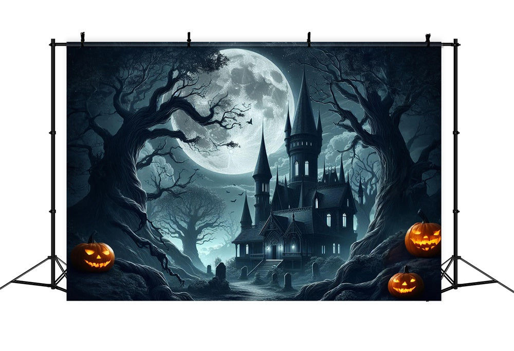 Sfondo Della Luna Piena Del Castello Spettrale Di Halloween RR7-484