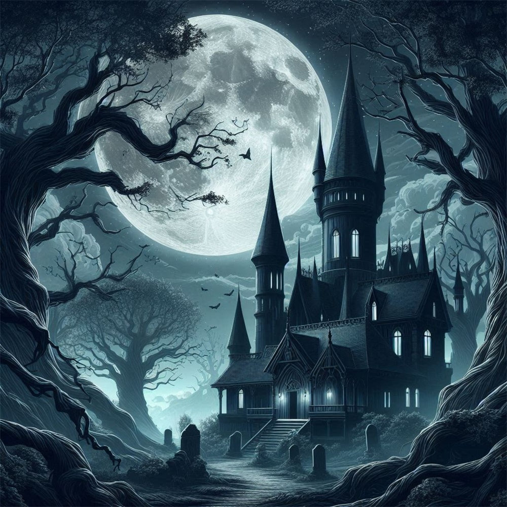 Sfondo Della Luna Piena Del Castello Spettrale Di Halloween RR7-484