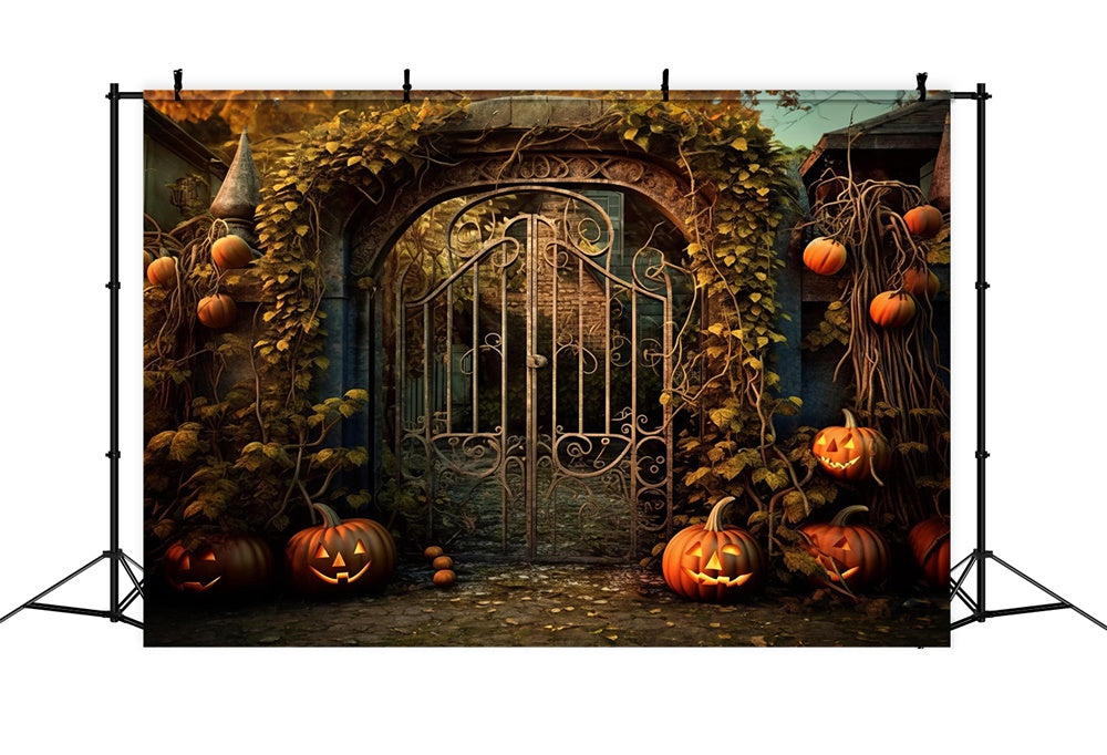 Sfondo Di Viti Di Zucca Con Cancello In Ferro Della Casa Di Halloween RR7-485