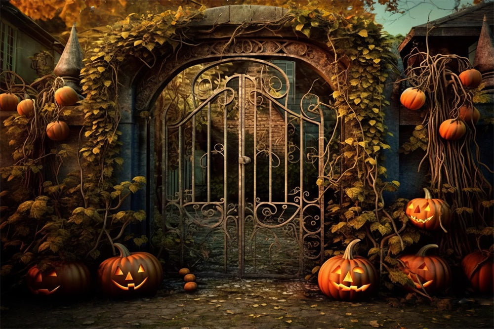 Sfondo Di Viti Di Zucca Con Cancello In Ferro Della Casa Di Halloween RR7-485