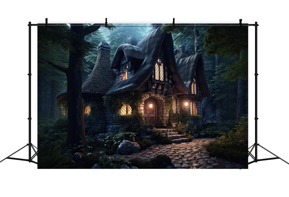 Sfondo Di Halloween Della Casa Di Pietra Della Foresta Spettrale RR7-508