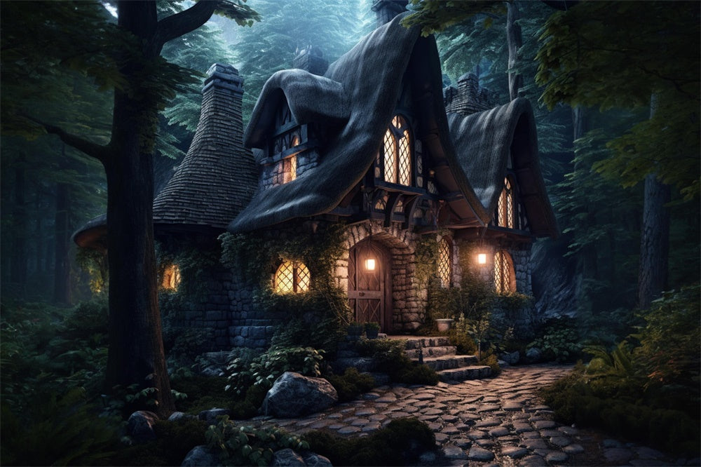 Sfondo Di Halloween Della Casa Di Pietra Della Foresta Spettrale RR7-508