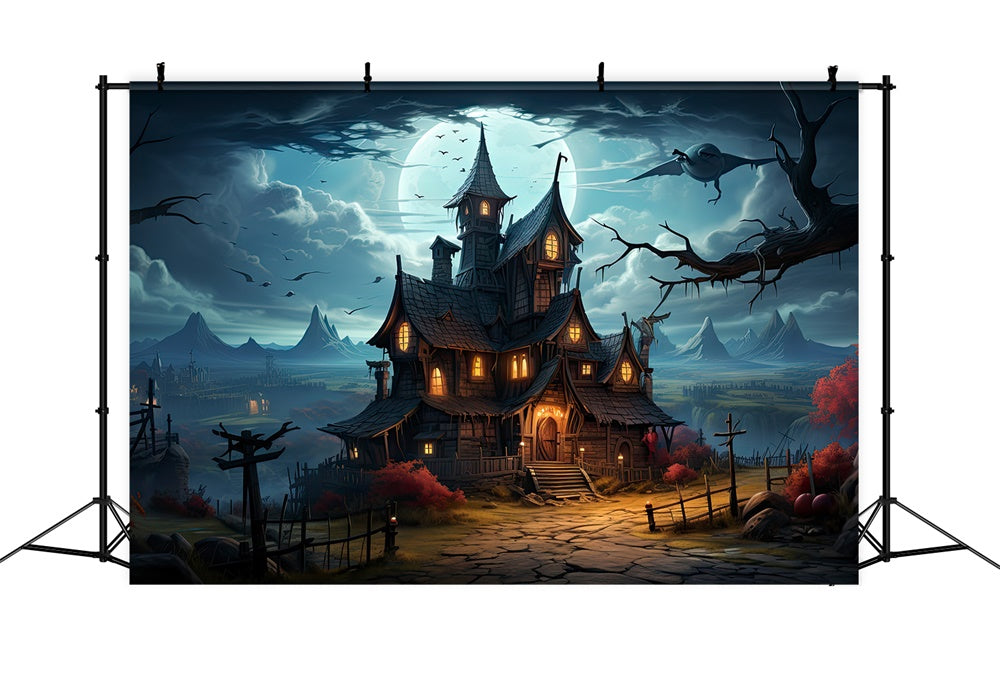 Sfondo Della Casa Stregata Di Halloween Nella Notte Di Luna Piena RR7-510