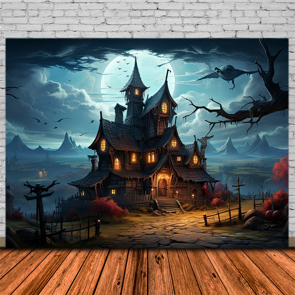 Sfondo Della Casa Stregata Di Halloween Nella Notte Di Luna Piena RR7-510