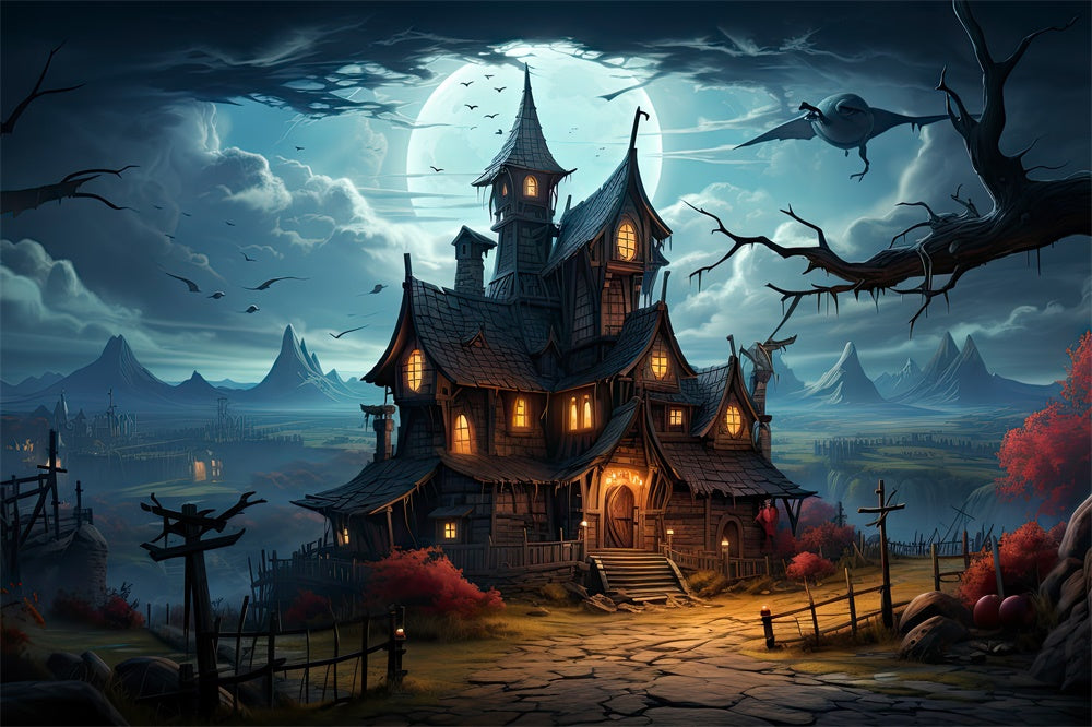 Sfondo Della Casa Stregata Di Halloween Nella Notte Di Luna Piena RR7-510