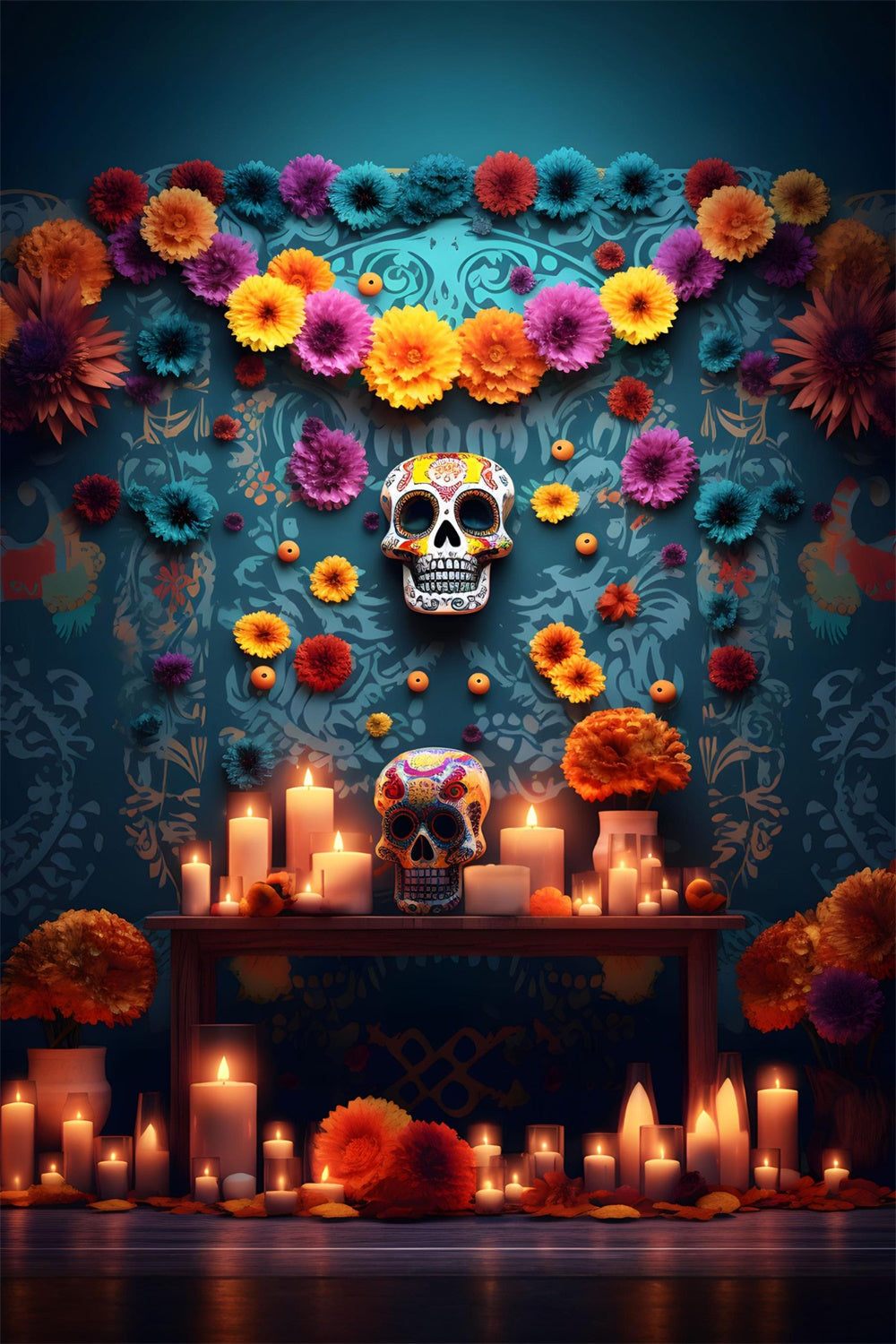 Sfondo Di Candela Da Muro Di Fiori Con Teschio Spaventoso Di Halloween RR7-520