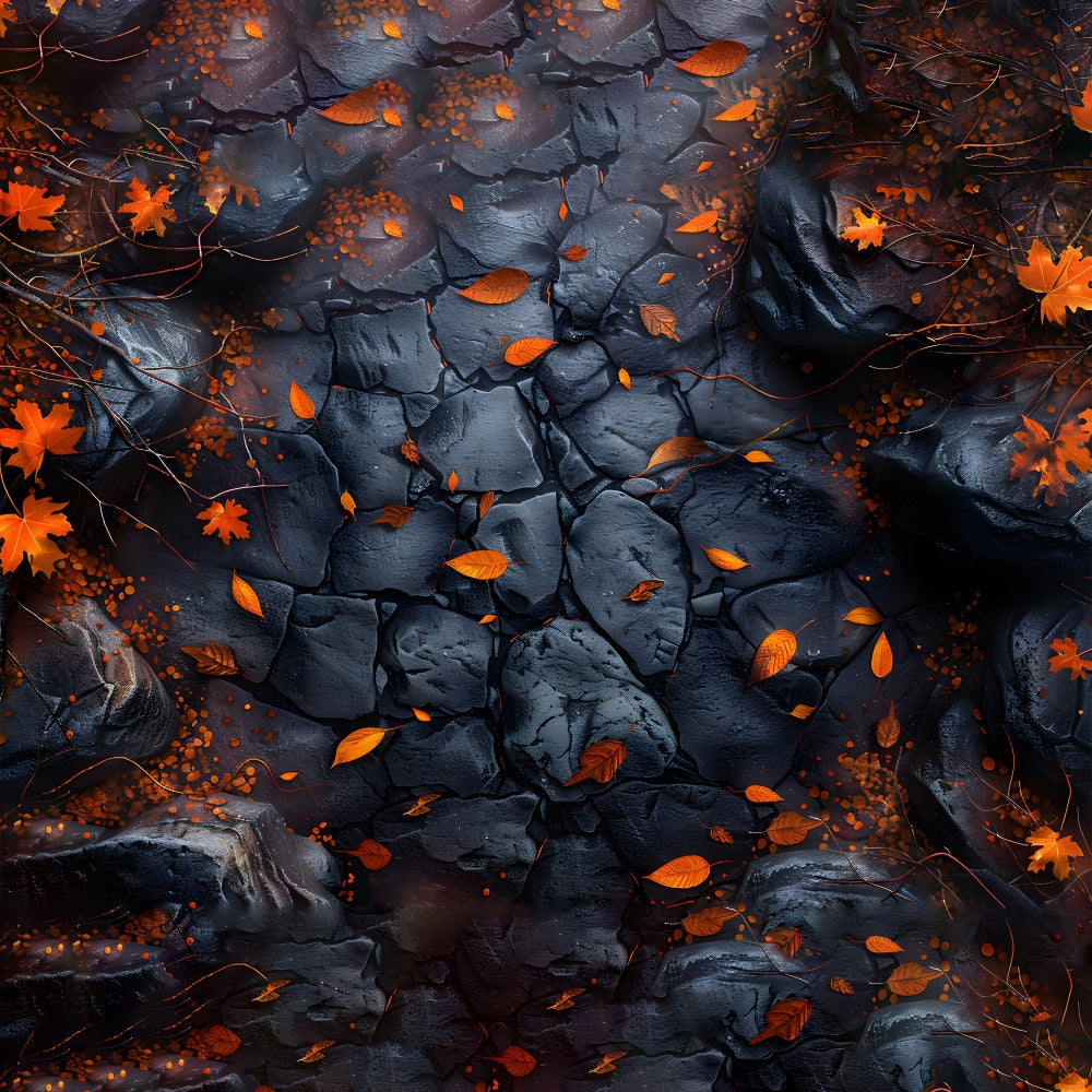 Sfondo Di Pavimento In Pietra Nera Con Foglie D'Acero RR7-532