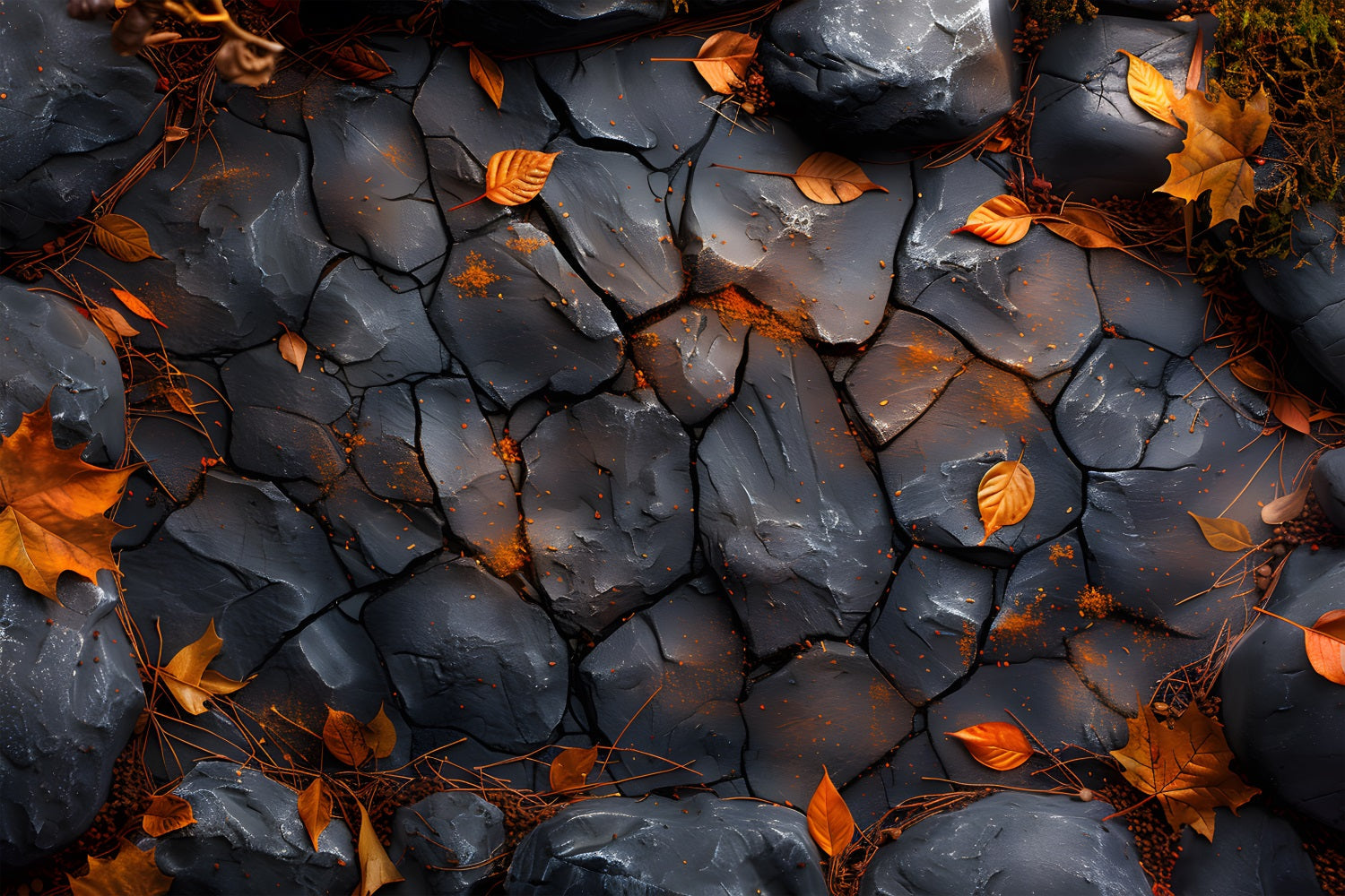 Fondale Per Pavimento Con Foglie Di Acero In Pietra Nera Lucida RR7-533