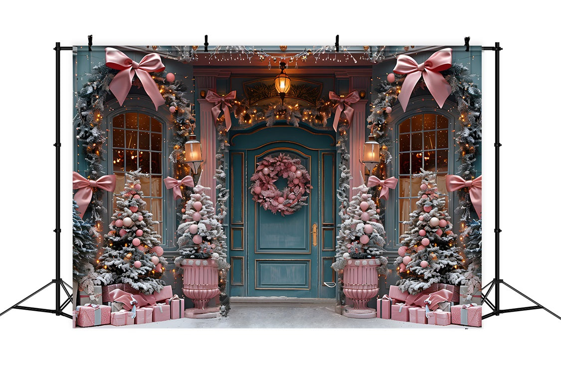 Sfondo Natalizio Elegante Con Fiocco Rosa Per Decorazioni Per Porte RR7-566