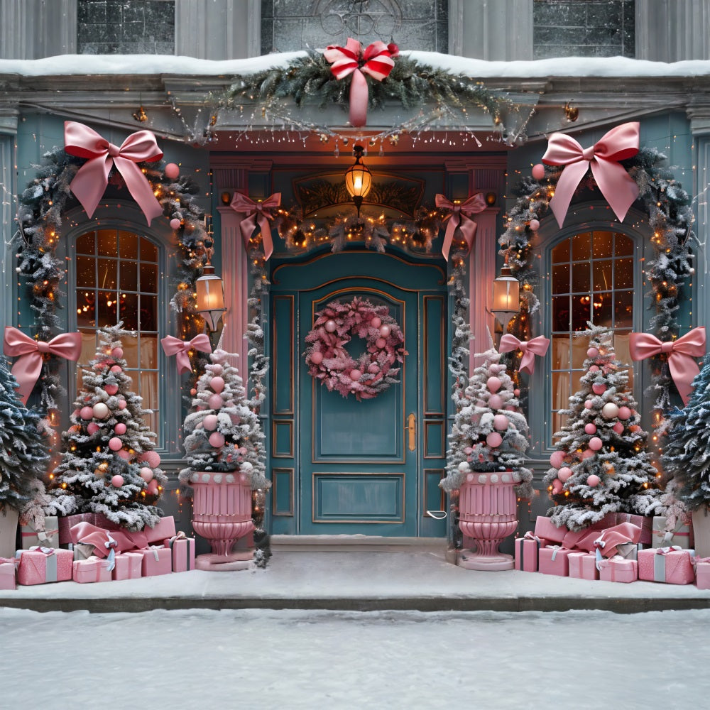 Sfondo Natalizio Elegante Con Fiocco Rosa Per Decorazioni Per Porte RR7-566
