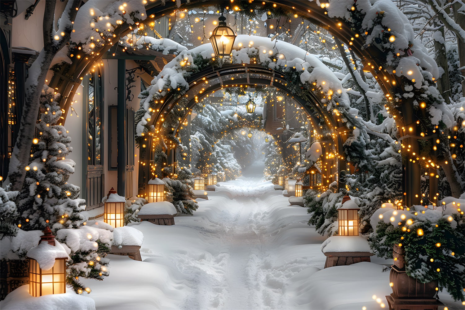 Sfondo Natalizio Illuminato Innevato Con Arco RR7-585