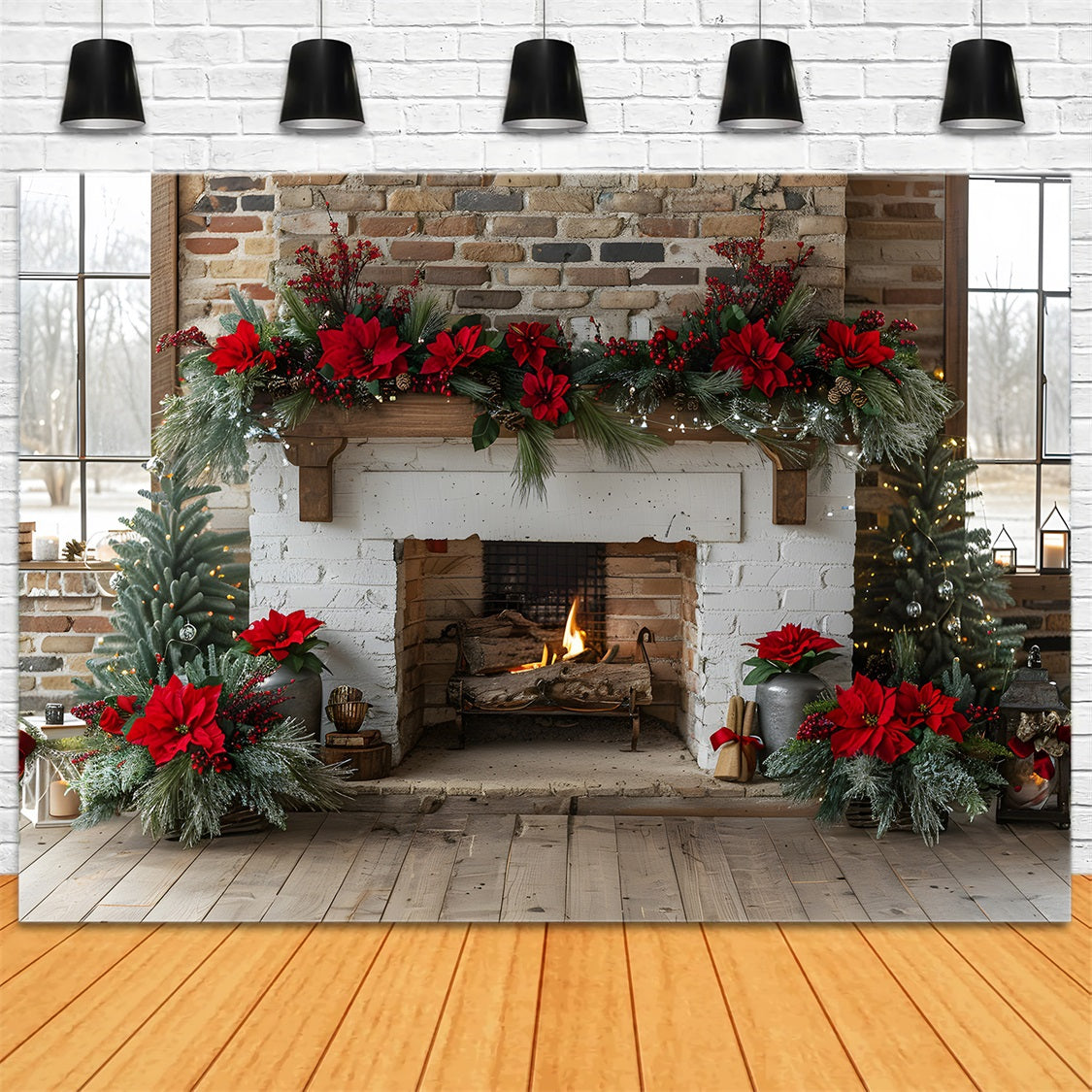 Sfondo Di Ghirlanda Di Natale Con Camino Poinsettia RR7-624