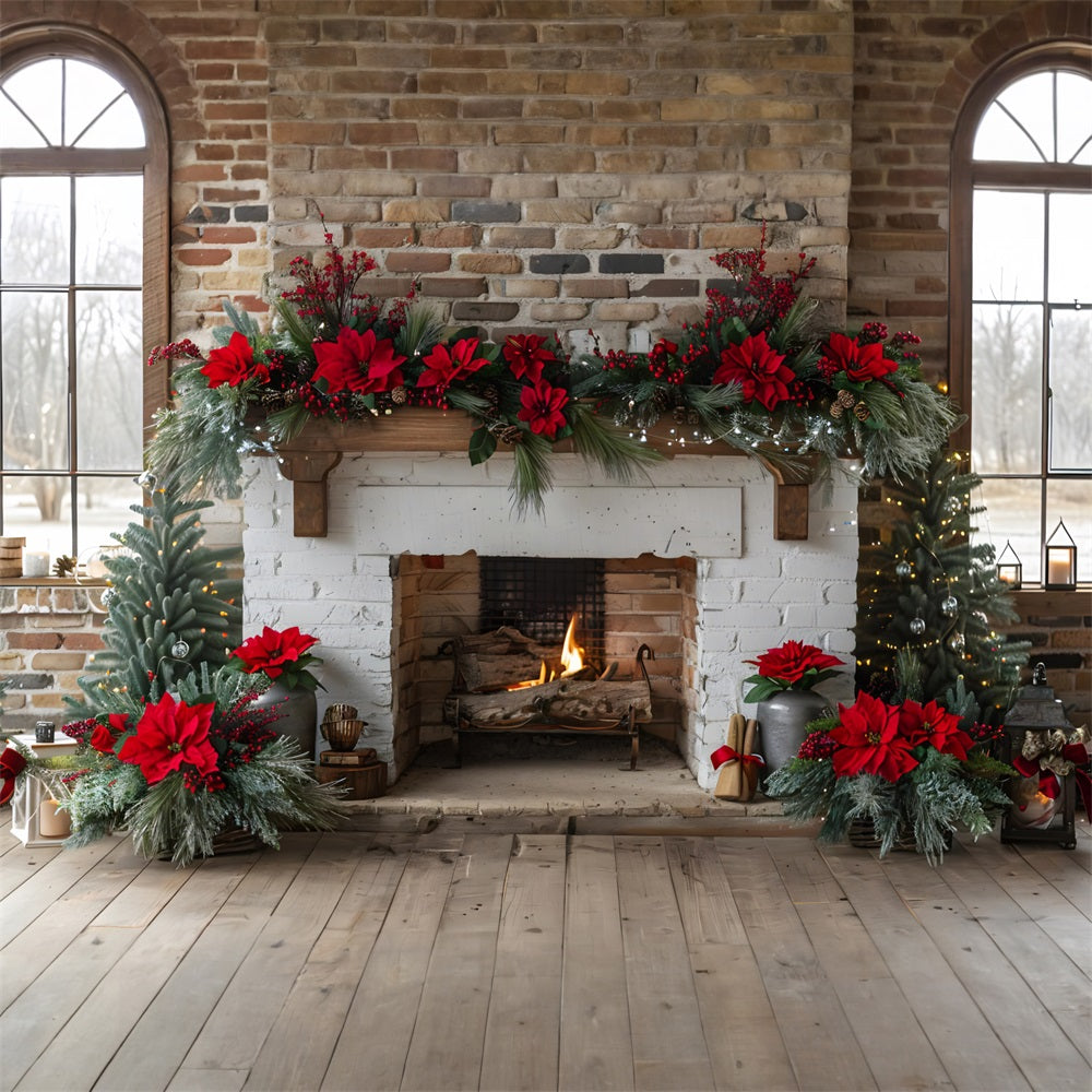 Sfondo Di Ghirlanda Di Natale Con Camino Poinsettia RR7-624