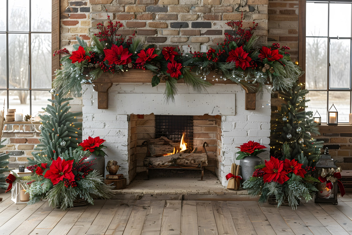 Sfondo Di Ghirlanda Di Natale Con Camino Poinsettia RR7-624