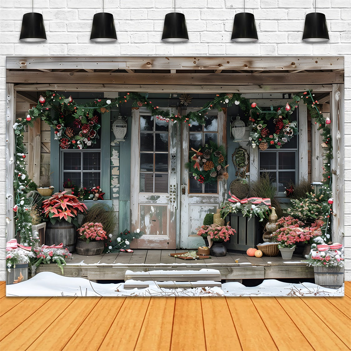 Portico Rustico Natalizio Con Sfondo Di Stelle Di Natale RR7-625