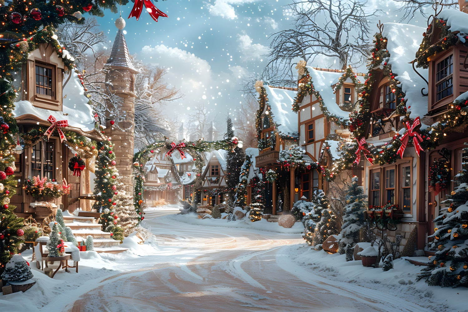 Sfondo Natalizio Di Strada Di Villaggio Magico RR7-639