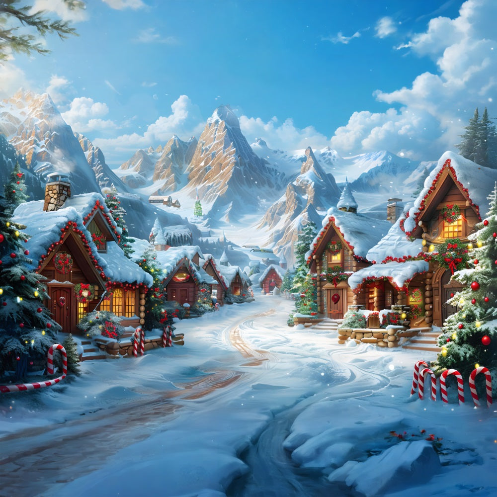 Sfondo Di Cabine Innevate Del Villaggio Di Natale RR7-642